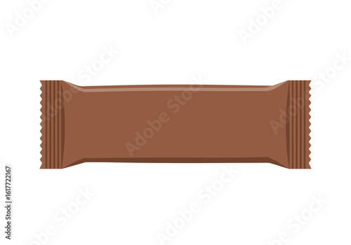Brown rectangular candy bar wrapper with sealed serrated ends presented on a white background