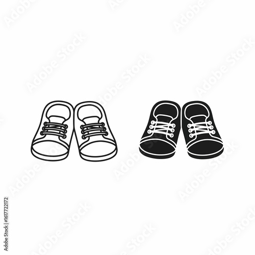 Two pairs of simple black and white children's shoes, outlined, in a graphic design.