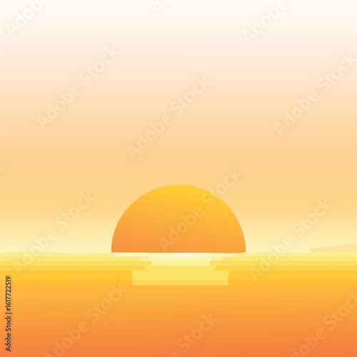 Sunrise sky background with warm orange and yellow gradients. A vector graphic of the glowing morning sun rising over the sea horizon.