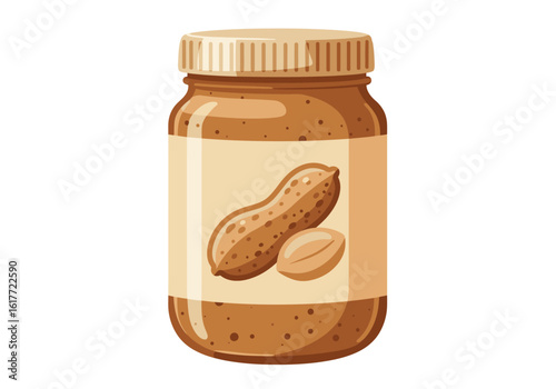 Cartoon of peanut butter jar with lid and a peanut drawing on the label