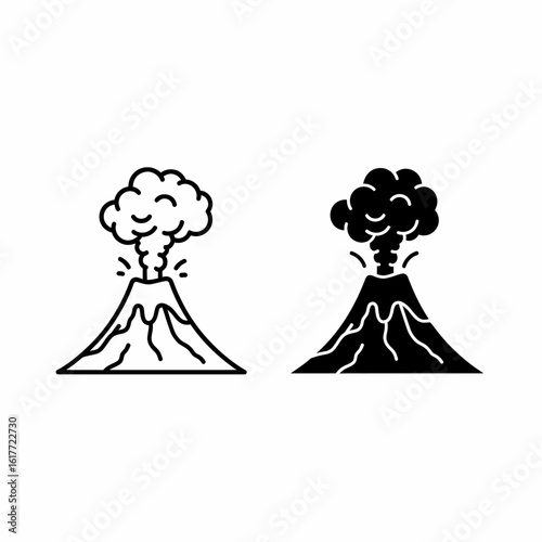 Two simple line art volcano illustrations; one outlined, one filled; depicting eruption.