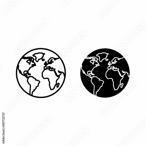 Simple line art and solid globe illustrations, depicting Earth's continents.