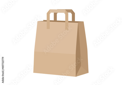 Brown paper shopping bag with two handles stands upright on a white background