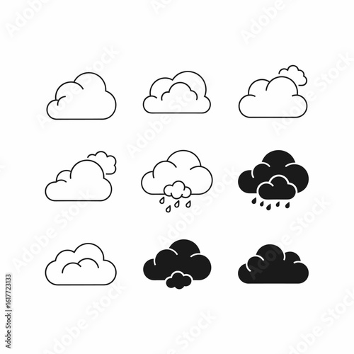 A collection of nine stylized cloud icons, depicting various weather conditions, in black and white.