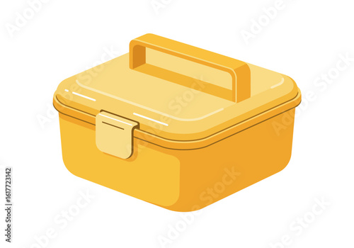 Yellow plastic toolbox featuring a handle on top and a latch on the front