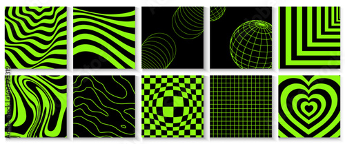 Rave psychedelic acid dripping poster, cards banner background set. surreal geometric shapes, waves, strps abstract on neon dark green  patterns in trendy style vector.