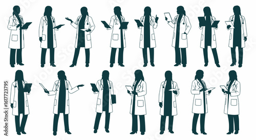 Silhouettes of female doctors in white coats holding clipboards and tablets in various poses on white