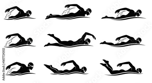Nine black silhouette illustrations of swimmers in various freestyle stroke positions on a white background