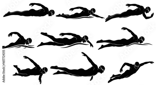Collection of black silhouette illustrations showing different swimming positions and techniques in water