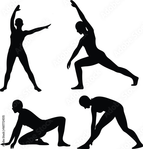 Meditative and Dynamic Gym Silhouette Collection – Vector Illustration Group Set of Women in Elegant Yoga Poses Including Meditation, Walking style, and Exercises in Minimalist background