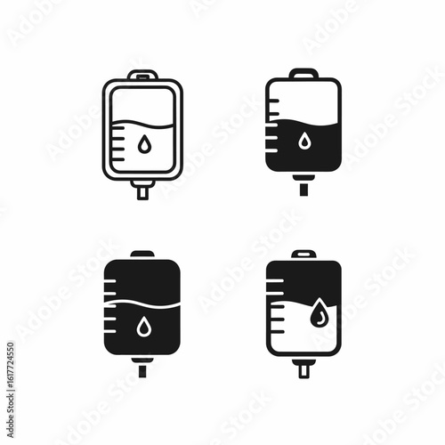 Four black and white graphic representations of intravenous fluid bags, showing different perspectives and fill levels.