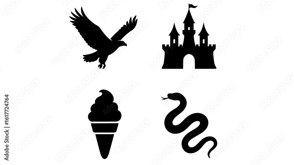 Fototapeta premium Set of icons including eagle, castle, ice cream, and snake isolated on white background