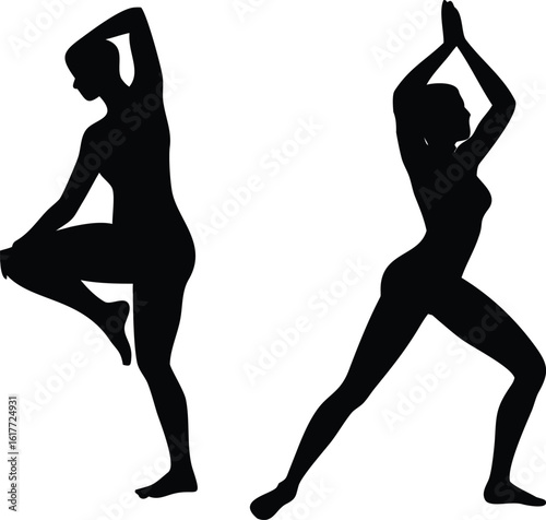 Meditative and Dynamic Gym Silhouette Collection – Vector Illustration Group Set of Women in Elegant Yoga Poses Including Meditation, Walking style, and Exercises in Minimalist background