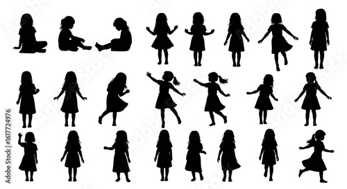 Dancing Silhouette: A collection of diverse silhouettes of a young girl, engaging in a range of activities that showcase freedom and pure joy. capturing the playful innocence