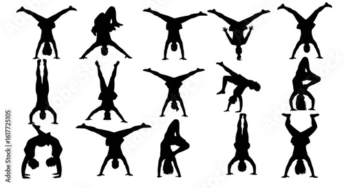 Silhouetted Yoga Poses: A collection of yoga silhouettes showcasing various acrobatic handstand poses, embodying the grace and balance of fitness.
