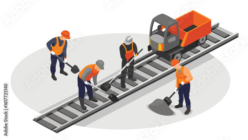 Isometric view of track maintenance workers with a small railcar on a railway track repair scene
