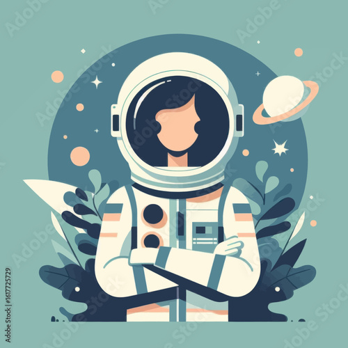 Confident Female Astronaut in Space Suit, Cosmic Setting