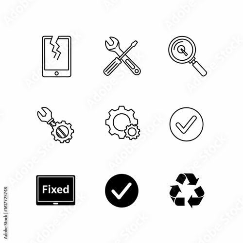 Nine simple icons depict phone repair, troubleshooting, and successful device fixing, including recycling.