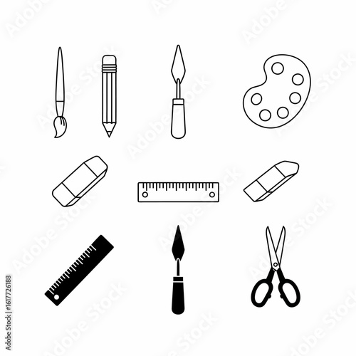 Outlined drawing tools, including brushes, pencils, palettes, and scissors, on white background.