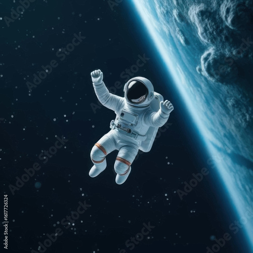 Astronaut Floating Joyfully in Space Near Earth, Reaching Out.