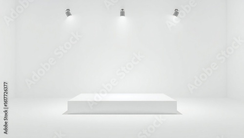 Empty white exhibition podium with spotlights in a modern gallery