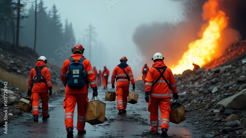 High Quality Stock Photo of Organized Disaster Relief Operations: Coordinated Rescue Teams, Emergency Medical Care, Critical Supply Distribution, Empty Space for Text