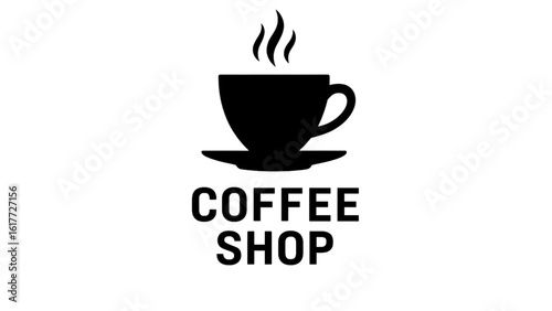 Coffee shop logo with a steaming cup and saucer isolated on white background