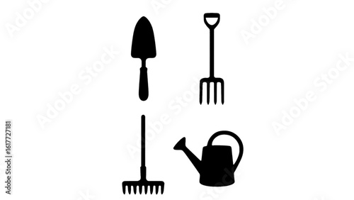 Gardening tools trowel, rake, fork, and watering can isolated on white background