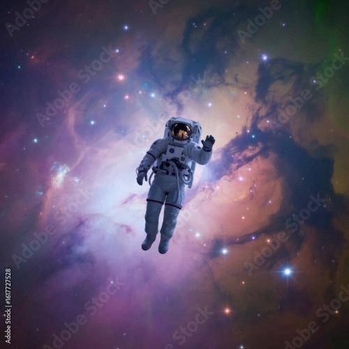 Astronaut Floating in a Colorful Nebula Filled with Stars