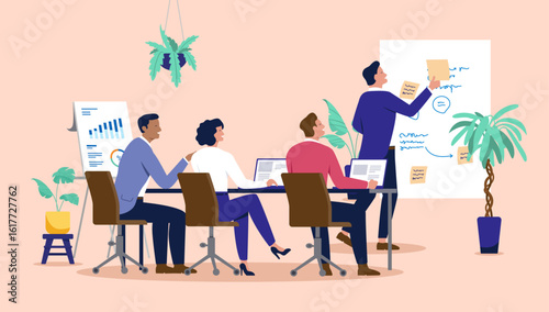 Team of business people having a brainstorming workshop or a meeting in an office, discussing a new project plan or a creative strategy, flat design vector illustration