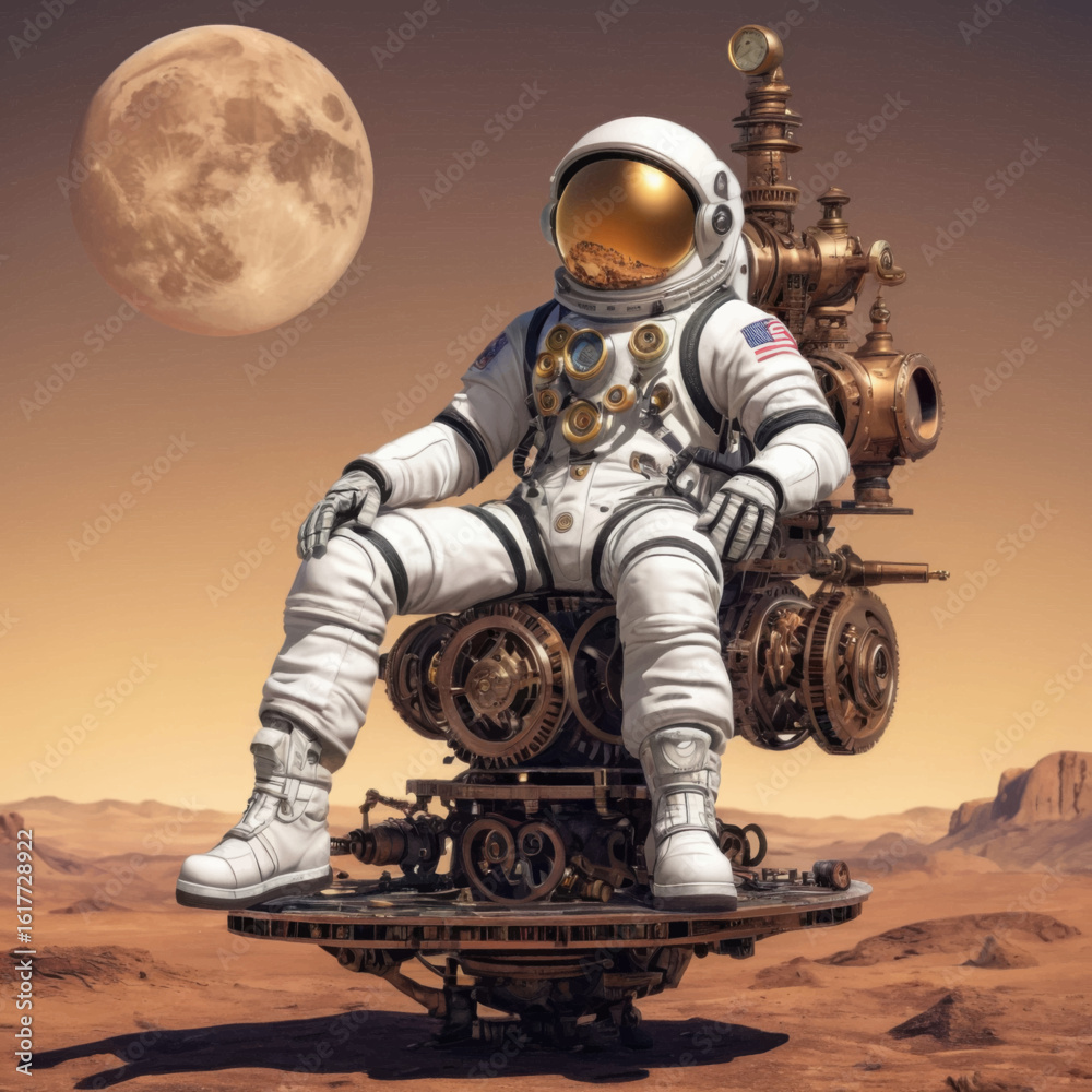 Fototapeta premium Steampunk Astronaut Relaxing on Mars with Golden Visor and Intricate Mechanical Chair