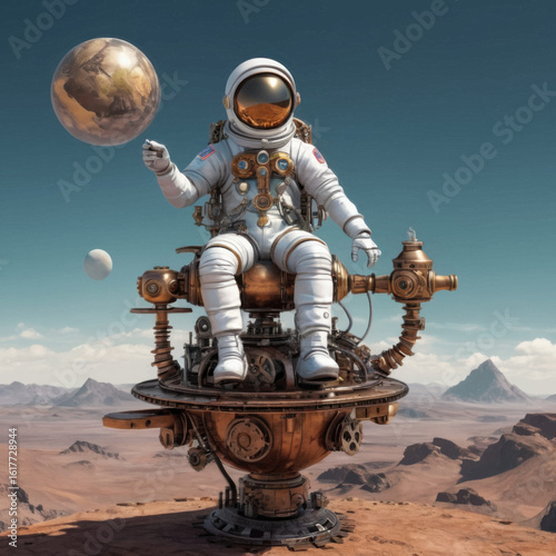 Astronaut on Steampunk Throne with Earth and Moon in Martian Landscape.