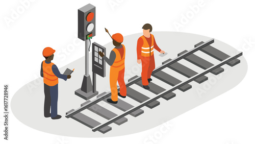 Three workers inspecting railway tracks and signal light in isometric illustration style on white background