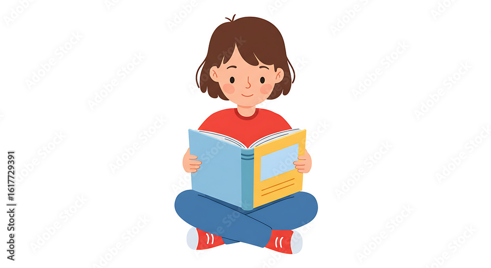 Cute cartoon girl sitting cross-legged and reading a book. Vector illustration for education and childhood learning. Cute cartoon girl sitting cross-legged and reading a book. Vector illustration for education and childhood learning.