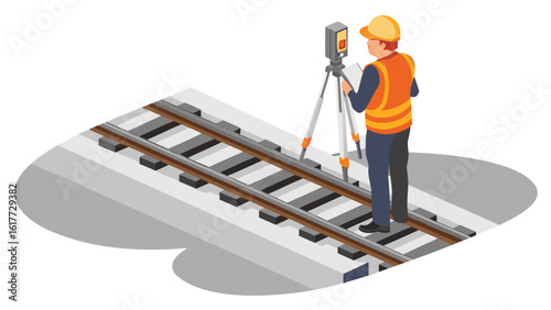 Surveyor inspecting railroad tracks with surveying equipment and safety gear on a concrete base rail line