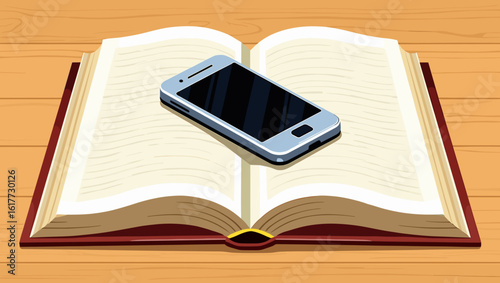 Cell phone on open book on wooden table in vector style