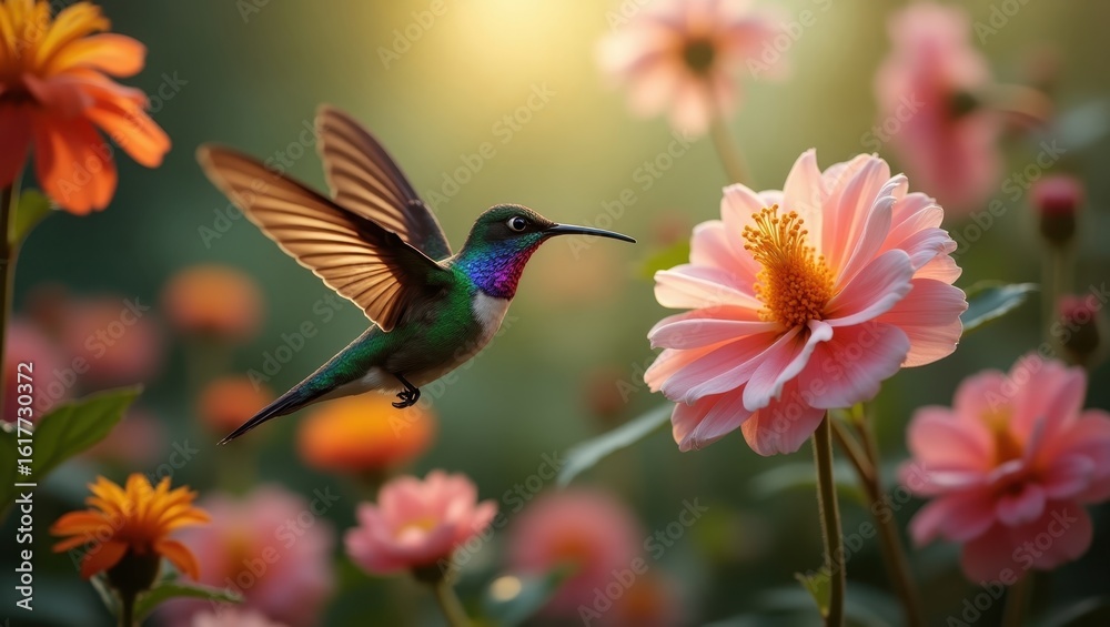 Naklejka premium Vibrant hummingbird in flight amongst colorful flowers.