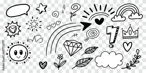 Hand drawn doodle elements collection with stars hearts and floral accents for decoration and design projects