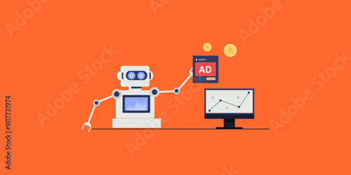 Intelligent robot showcase optimized ad campaigns, trending data on screen reflects strategic AI advertising and measurable business growth.   
