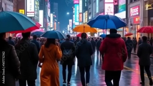People Walking Under Colorful Umbrellas in a Busy City Street During Rain