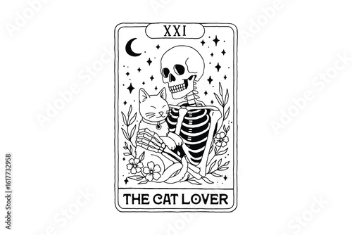 The Cat Lover Skeleton Tarot Card Illustration Halloween SVG Design