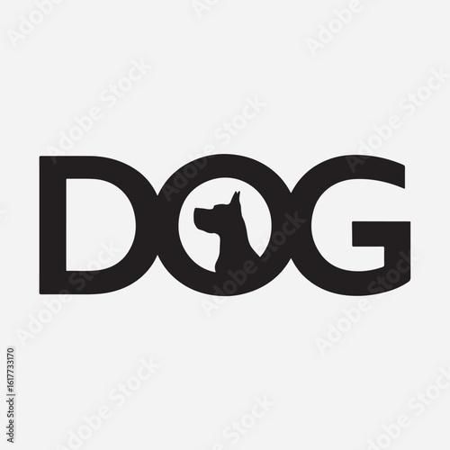 Bold word DOG logo with dog silhouette, clean black and white vector