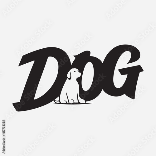 Bold word DOG logo with dog silhouette, clean black and white vector