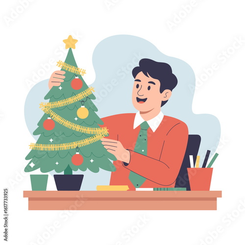 Man Decorating Office Christmas Tree
