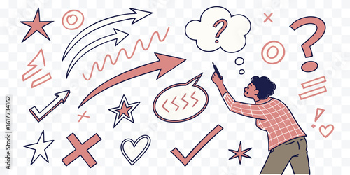 Conceptual illustration of a thoughtful woman surrounded by arrows stars and a question mark representing decisions and problem solving