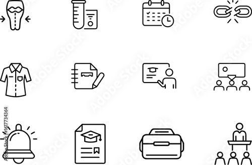 Daily school life icon set with uniform homework timetable class period bell