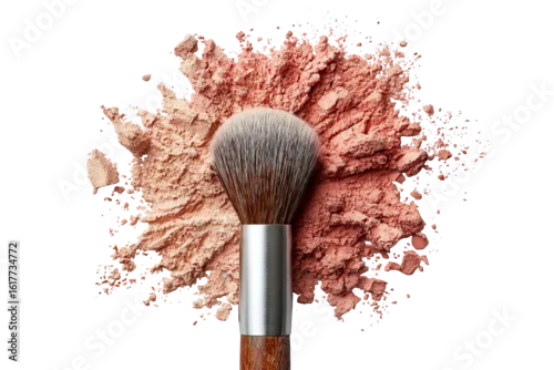 Obraz A flat lay of makeup brushes and beauty products arranged on a white isolated on a transparent background in PNG format.