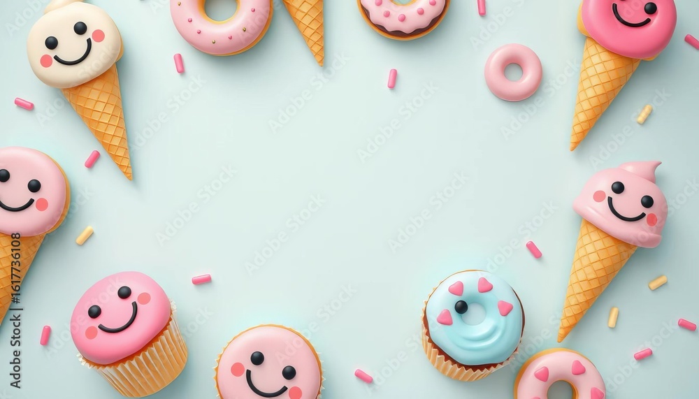 Fototapeta premium Whimsical pastel background with smiling cupcakes, donuts, and ice cream cones, pastel, dessert