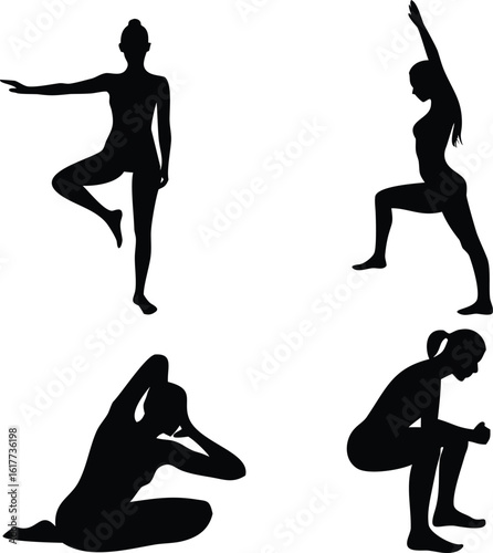 Meditative and Dynamic Gym Silhouette Collection – Vector Illustration Group Set of Women in Elegant Yoga Poses Including Meditation, Walking style, and Exercises in Minimalist background