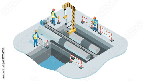 Isometric view of construction site with workers installing large pipes using a crane system